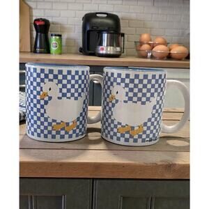 Vintage 90's 2 K.I.C. Duck/Goose Coffee Cups Mug Blue White cottage core country